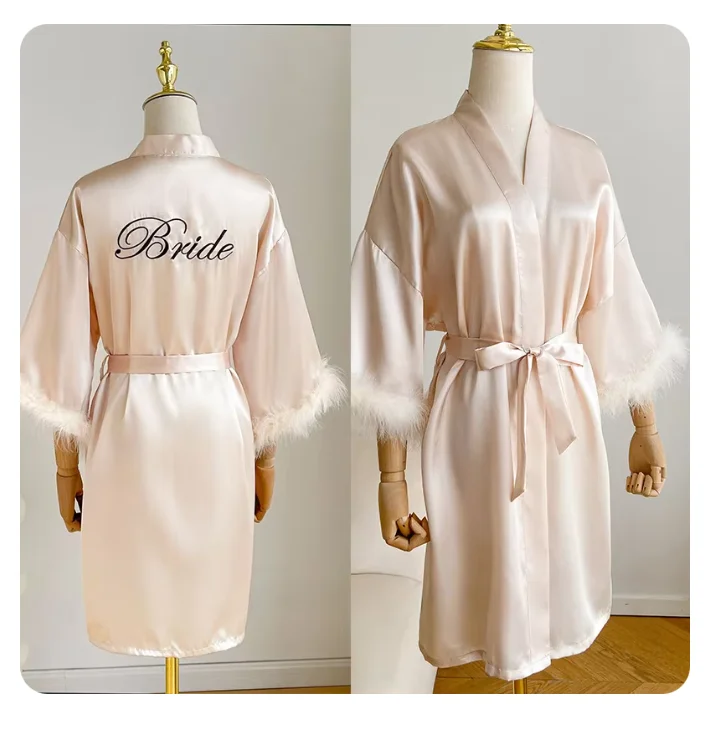 Wedding Bride Bridesmaid Robe Satin Kimono Intimate Lingerie Lady Sexy Feather Sleeve Bathrobe Nightgown Short Sleepwear Onesize