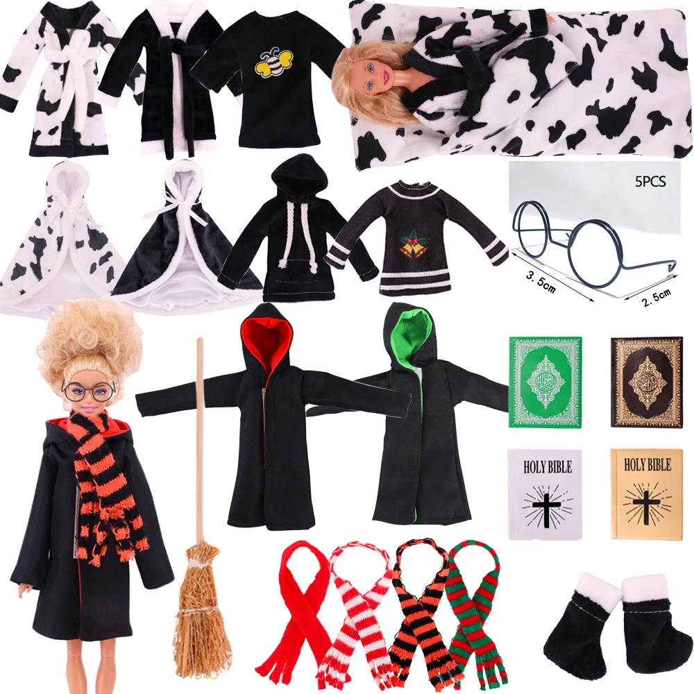 

Одежда для кукол, черные рождественские аксессуары, ночная рубашка, плащ, толстовки, черное пальто, шарф, очки, метла для куклы 30 см, 11,8 дюйма, подарок для девочки