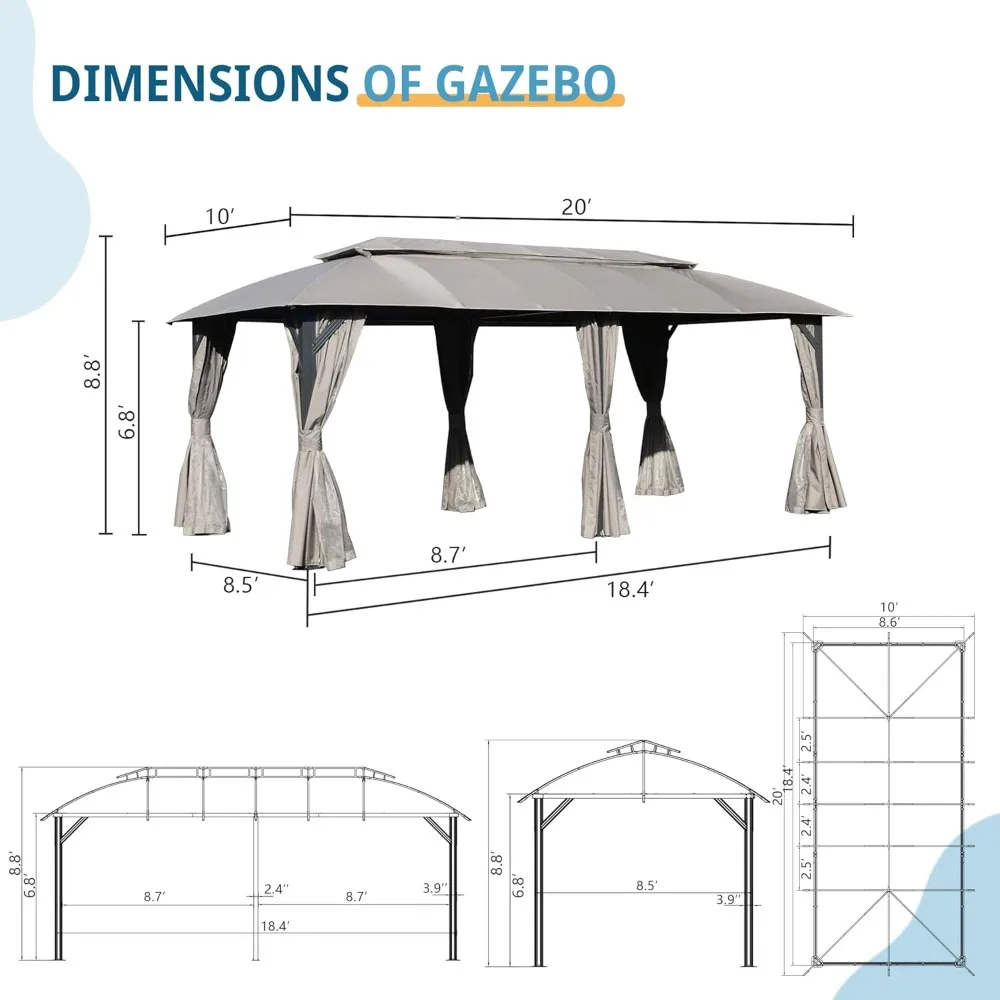 Gazebo 10x20FT, outdoor gazebo, double roof, privacy curtains, mosquito netting, heavy duty metal frame party tent