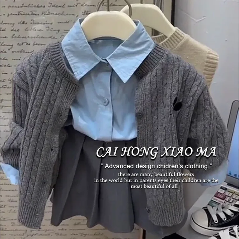 Spring Korean Style Girls Three-piece Set School Uniform Cardigan with Turn Down Collar Blouse Pleated Skirt Toddler Kids Outfit