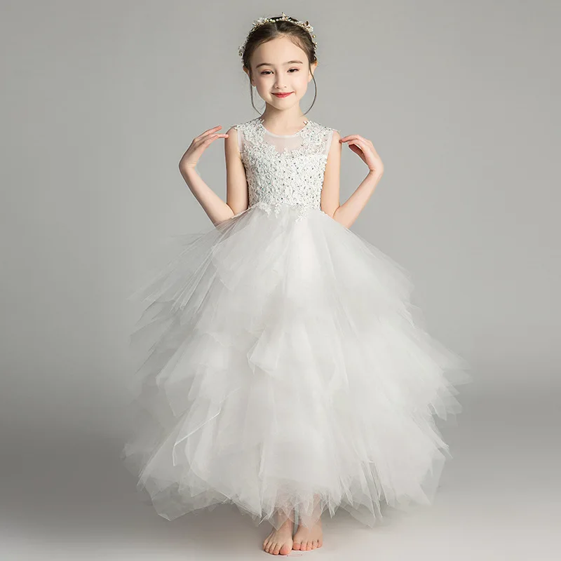 Girls Catwalk Pink Flower Girl Tulle Tutu Wedding Host Piano Performance Dress Princess Dress