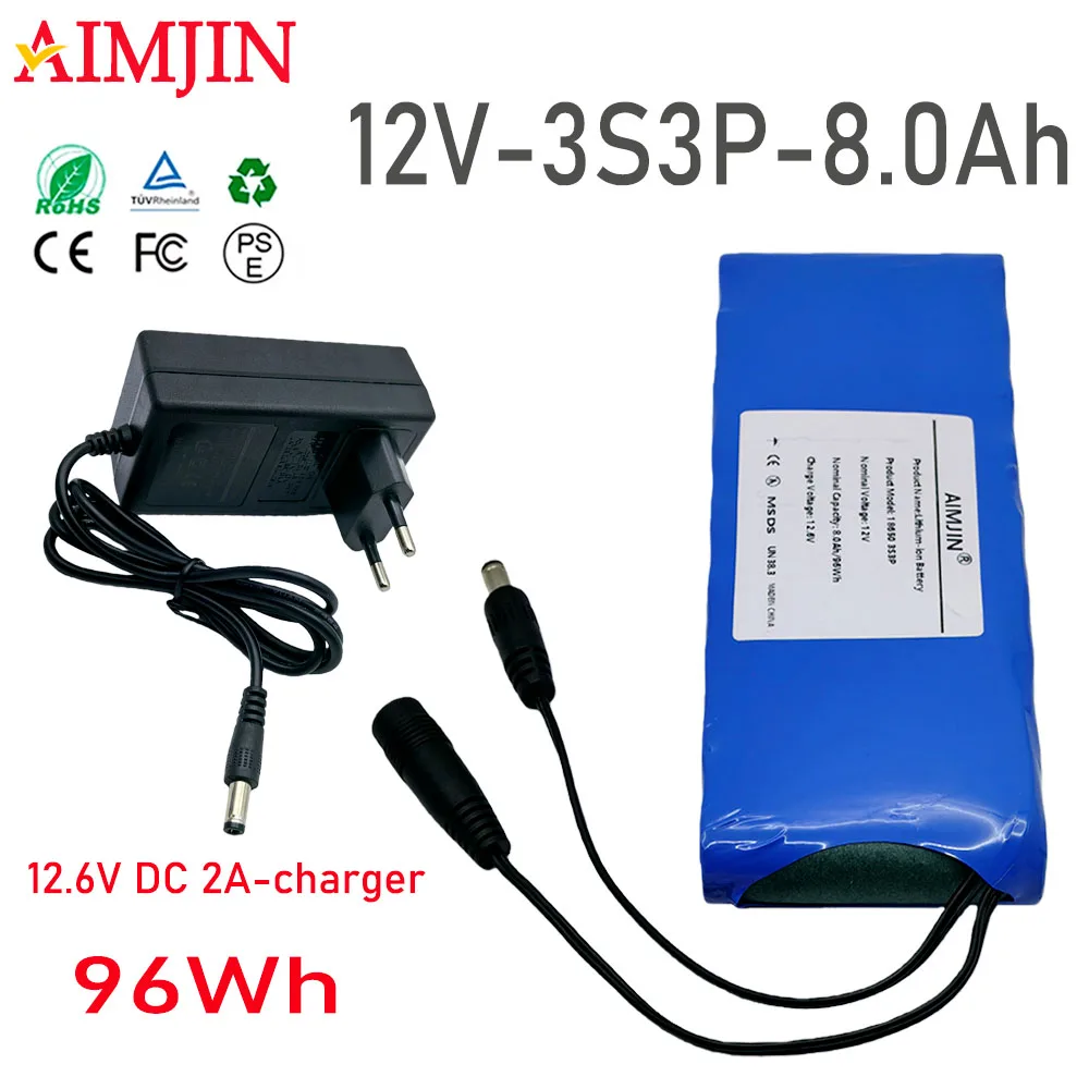 

Ultra Large Capacity 12V 8000mAh 18650 3S3P Li-ion Battery Pack Built-in BMS Safe Rechargeable Battery with 12.6V DC 2A Charger
