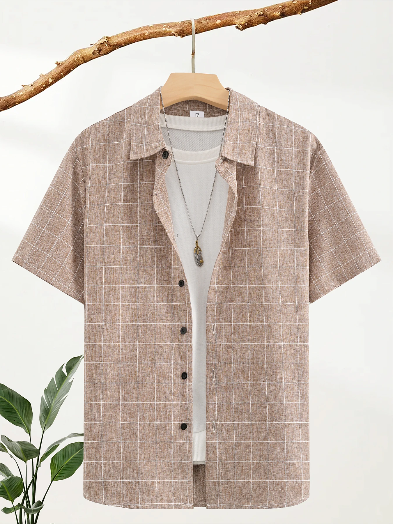 Men's Khaki Imitation Linen Plaid Short-Sleeved Collared Shirt, Loose Casual Top, Japanese-Style Retro Plaid Open-Front Shirt