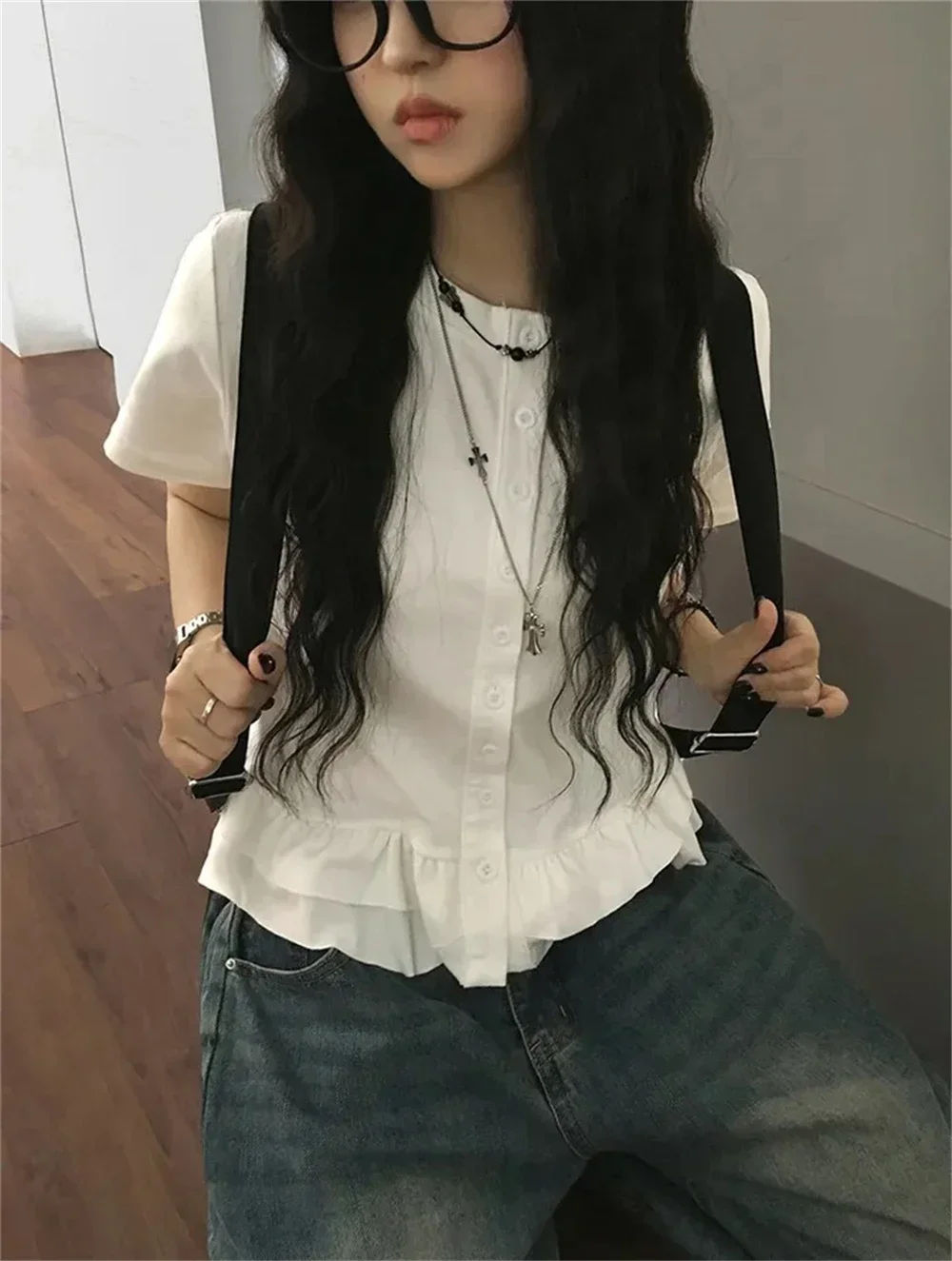 Casual Solid Y2k Top Women O Neck Single Breasted Spliced Ruffle Hem T Shirt Summer 2025 New Fashion Design T Shirts