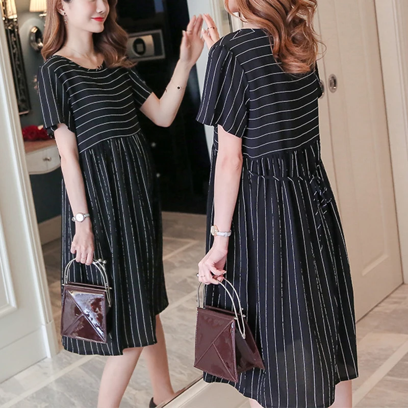 Maternity Spring and Summer Pregnancy Dress Ruffled Short-sleeved Striped Stitching Maternity Clothes Loose Dress for Premama