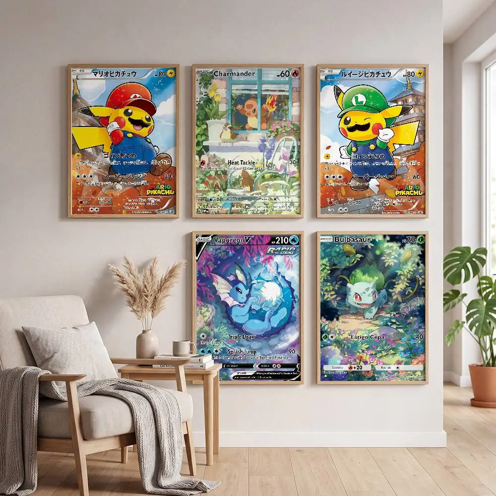 Cartoon Anime P-Pokemon Card Classic Vintage Poster Self-adhesive Art Waterproof Paper Sticker Coffee House Bar Room Wall Decor