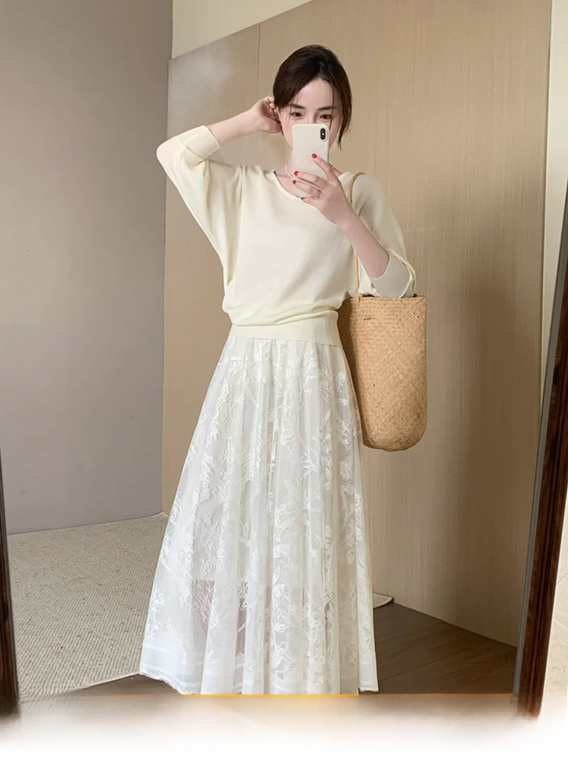 

Элегантный женственный комплект из двух предметов с высокой талией и круглым вырезом, повседневный, весенняя новинка, корейский стиль, высокоэластичный, из смесового хлопка