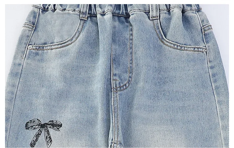 Neue Frühlings- und Herbst-Kinderjeans mit Schleifen für Mädchen, High-Street-Denimhosen mit geradem Schnitt für Teenager, lässige Kinderjeans, Hosen 5-14 Jahre – Detail 10