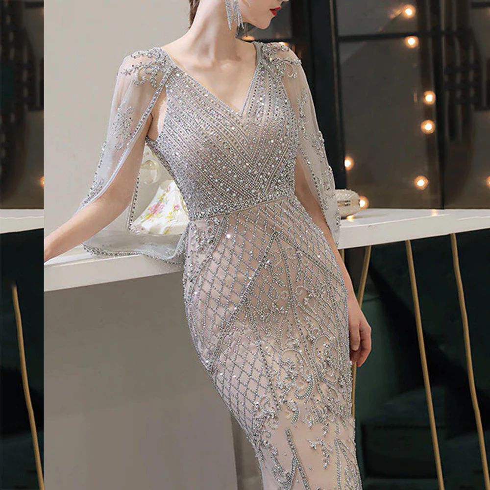 Luxury Silver Beaded Prom Dresses Sexy V-Neck Mermaid Evening Dress Beaded Tulle Formal Party Gown For Women Custom Made