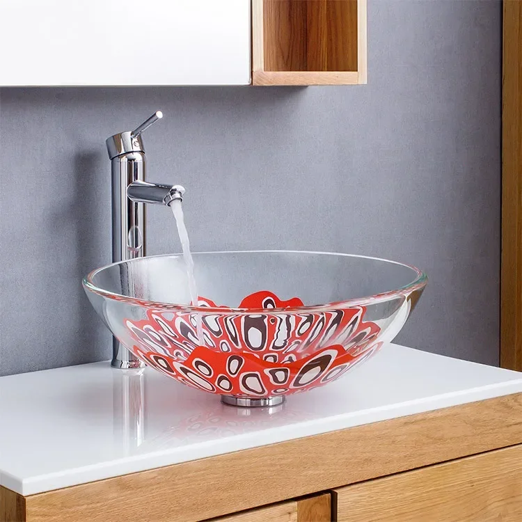 

Tempered Glass Bathroom Sink Opera Mask Pattern Transparent Countertop Washbasin Hotel Bowl Wash Basin With Tap 420*420*145mm