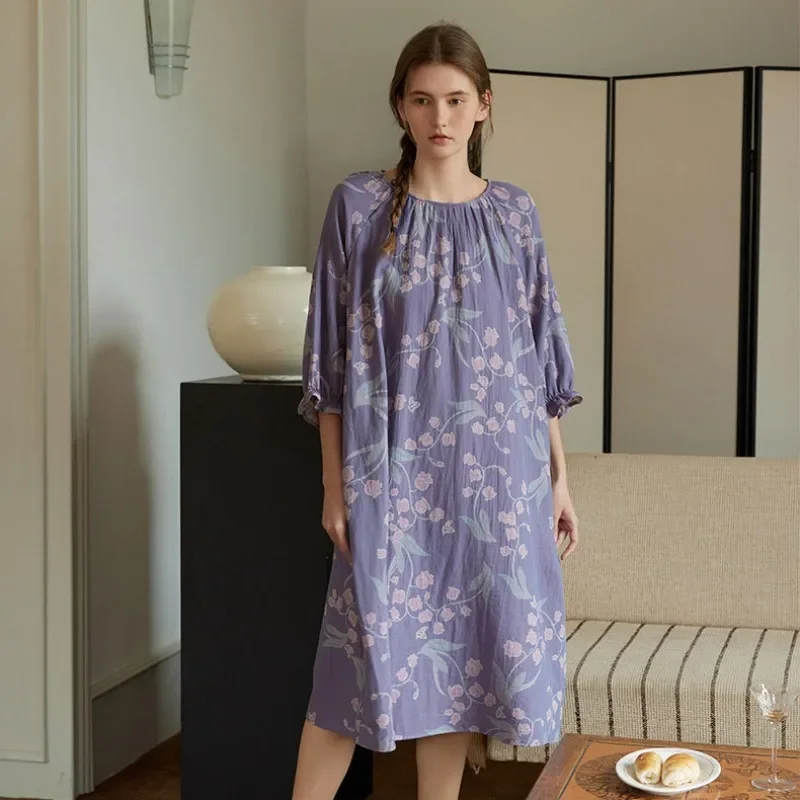 

Women's Cotton Nightgown Purple Flower Print round Neck Three-quarter Sleeve Lazy Long Sleepshirt with Lotus Leaf Cuffs
