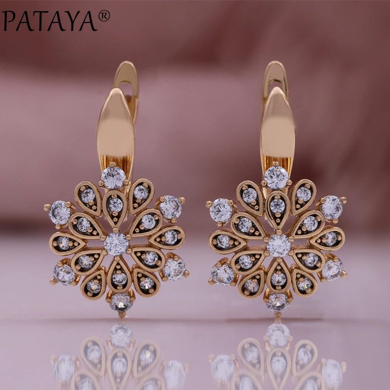 PATAYA New 585 Rose Gold Color Stud Earrings Fashion Crystal Flower Natural Zircon Earrings for Women Elegant Vintage Jewelry