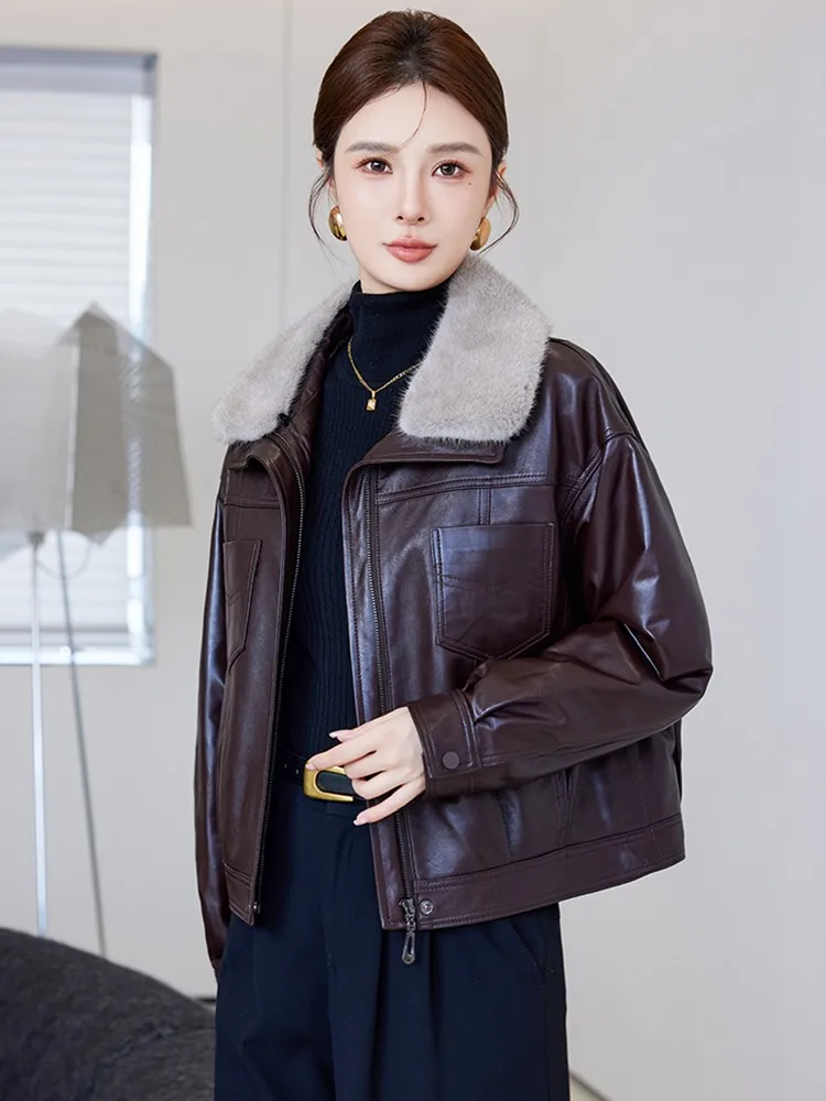 Mode Winter Vrouwen Echt Leer Down Jas Warme Nertsen Bontkraag Rits Loose Fit Straat Schapenvacht Motorfiets Korte Jas