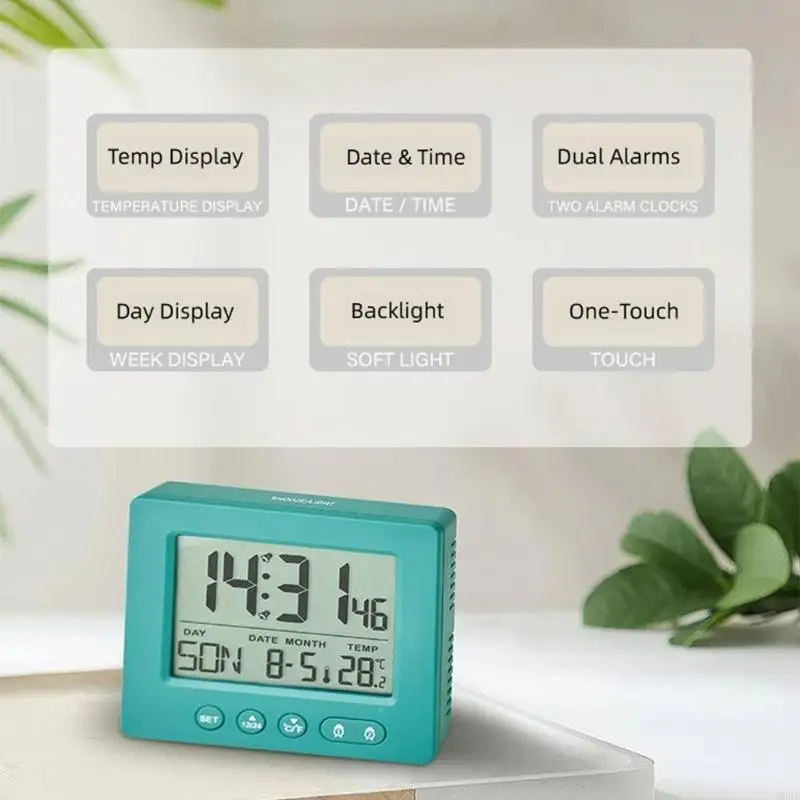 Bedroom Alarm Clock with Large Time, Date and Temperature Display, Backlight, LCD Screen and Button for Nightstand Use B03E
