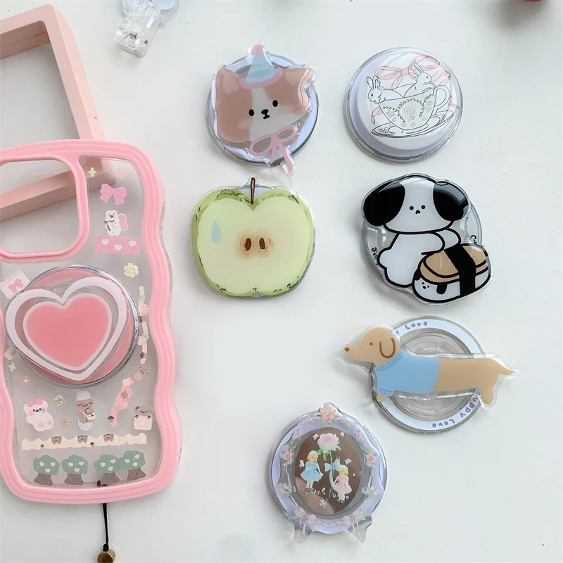 Korean Cute Cartoon Apple Heart For Magsafe Magnetic Phone Griptok Phone Holder Stand Universal Phone Ring Grip Tok For iPhone