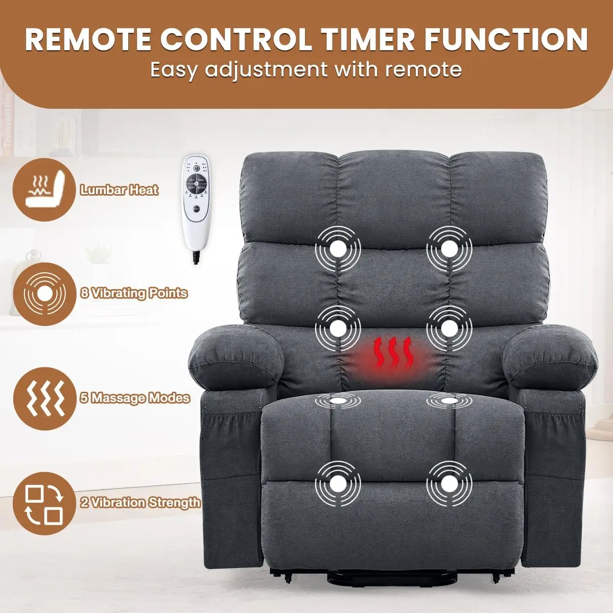 Power Lift Recliner Chair for Elderly with Heat and Massage, Electric Recliners Single Sofa with Side Pocket and USB Charge Port for Living Room and Bedroom Comfort view 5