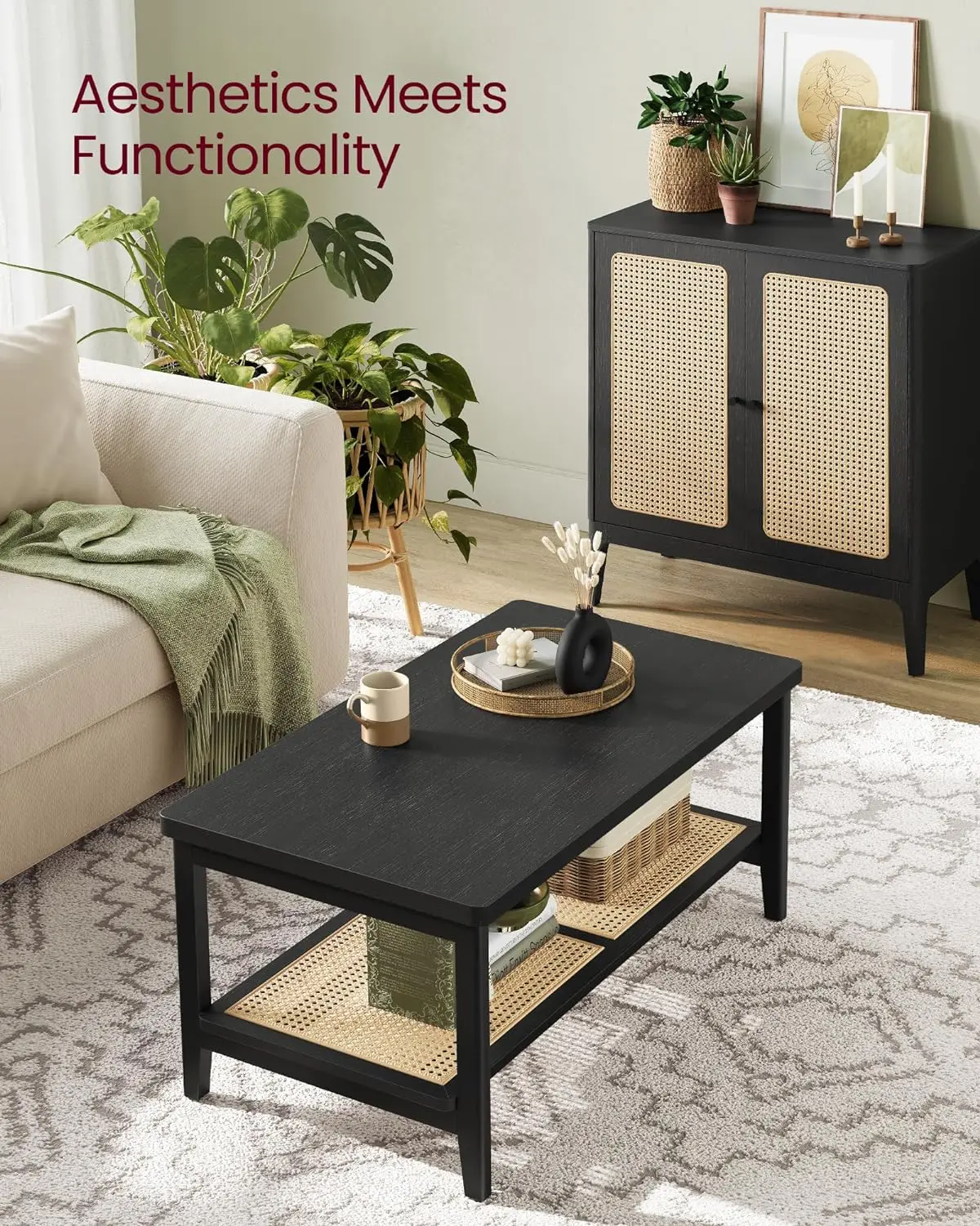 Comfort Corner 2-Tier Coffee Table for Living Room, Living Room  with PVC Rattan Storage Shelf, Rounded Corners, Easy Assembly
