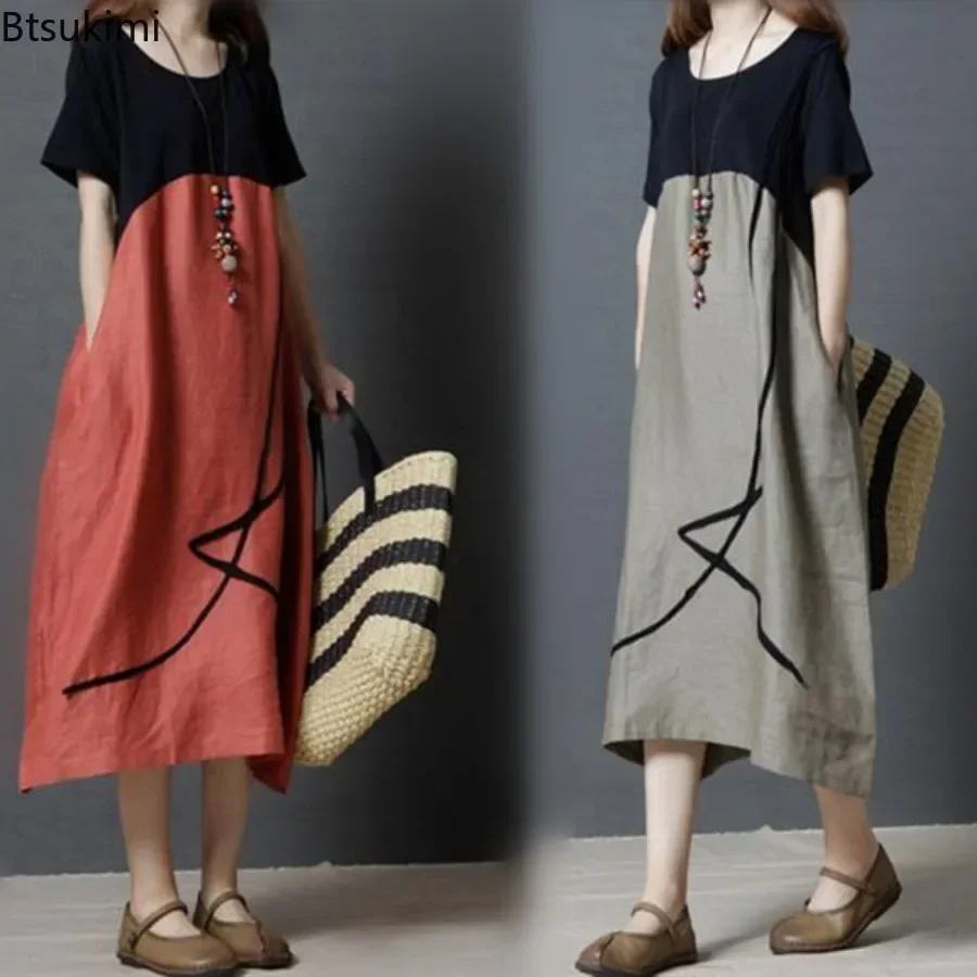 

2025 Summer Dress New Cotton Linen Loose Casual Patchwork Long Dress for Women Comfy O-neck Short Sleeve Vestidos Females Robe