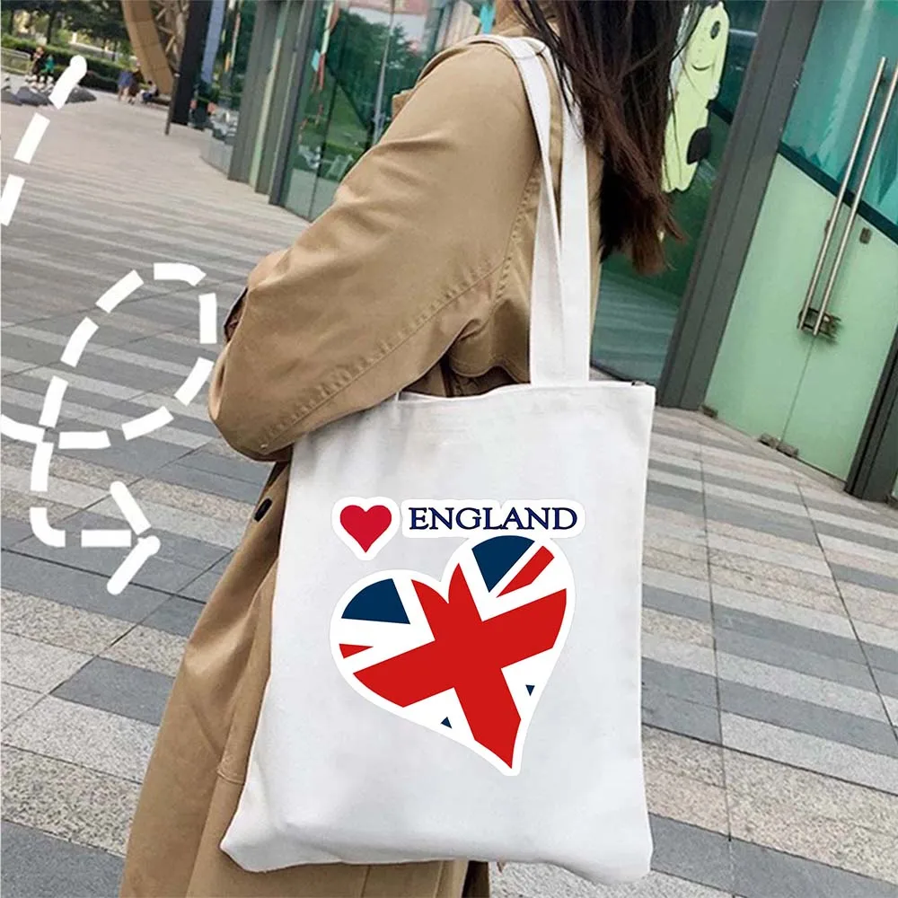 United Kingdom London England Flag Map Shopper Canvas Tote Bag Vintage Bus Big Ben Bridge Phone Booth Trip Travel Cotton Handbag