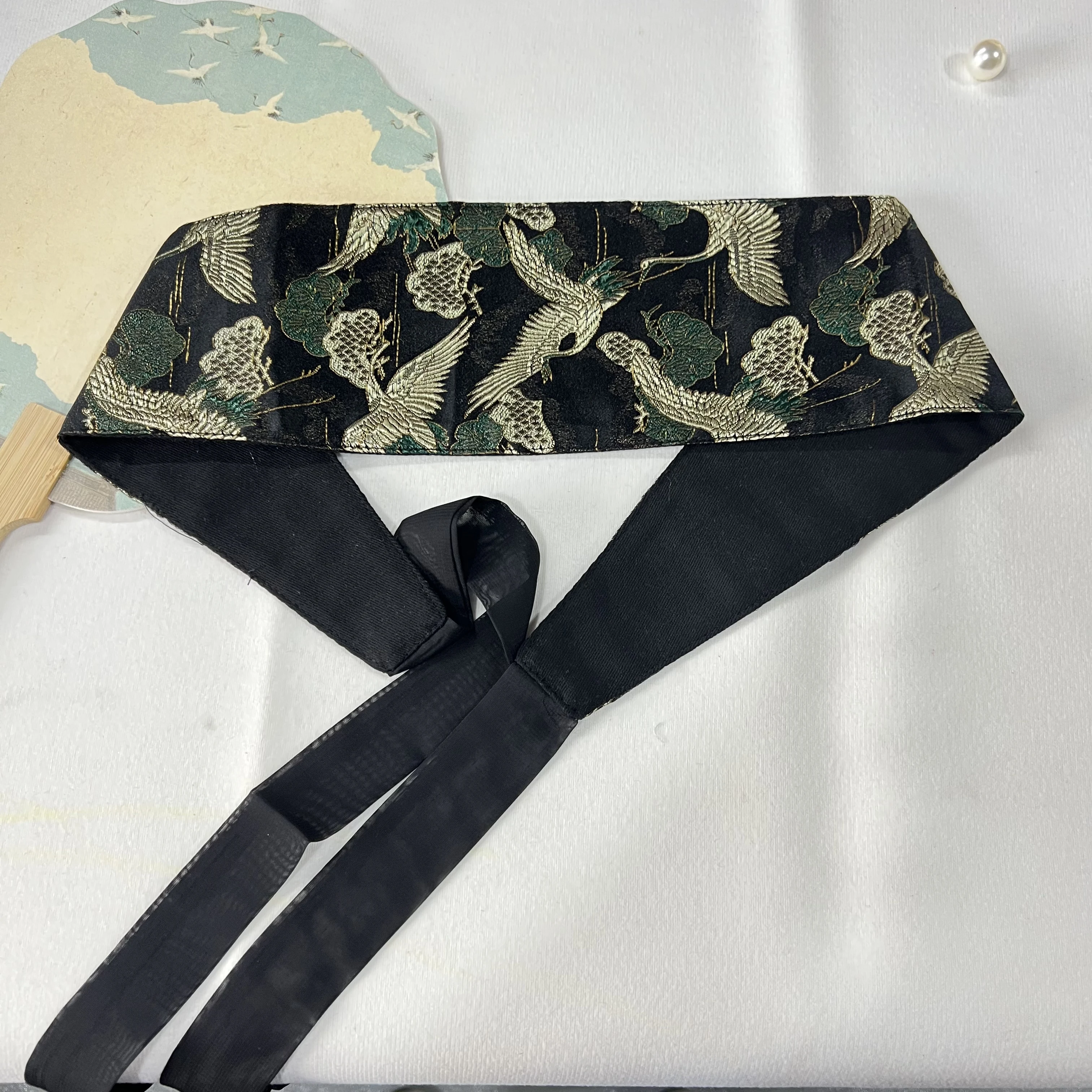 Women Adjustable Black Brocade Crane Pattern Vintage Chinese Hanfu Style Obi Belt Waist Cincher For Daily Wear Cosplay 8cm 10cm
