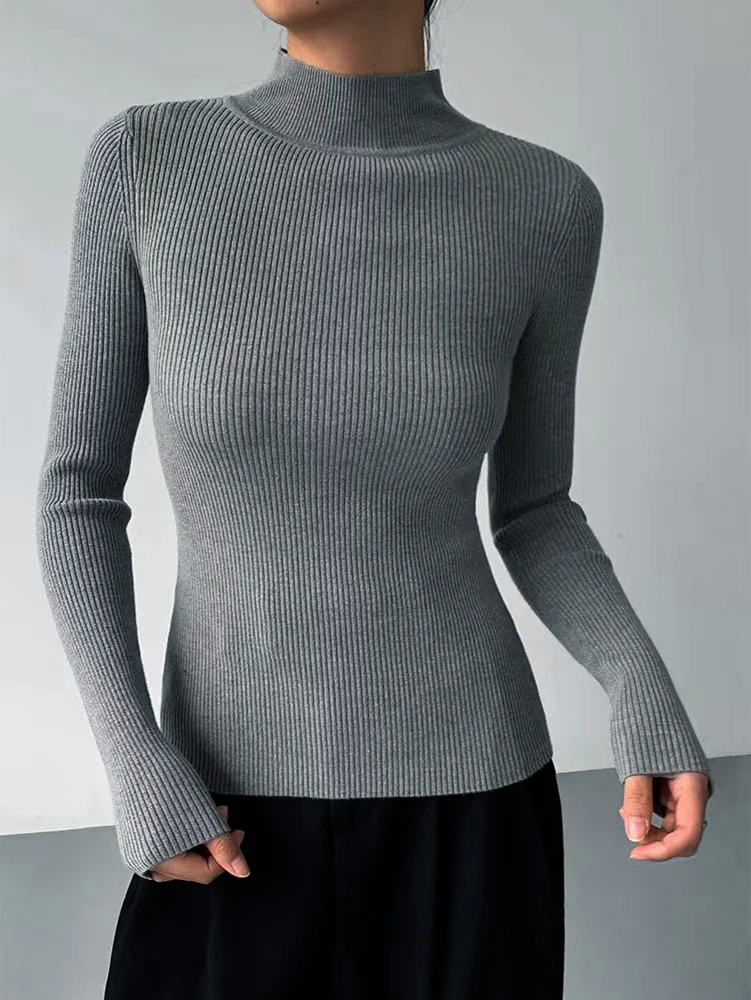 Women's Sweater Mock Neck Solid Ribbed Long Sleeve Slim Pullover Knit Sweater
