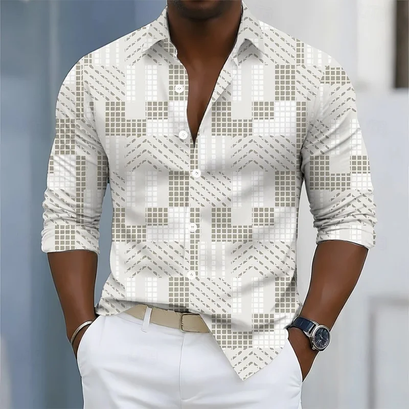 2026 new men's shirt with beige geometric mosaic pattern print, lapel cardigan, trendy men's shirt, comfortable fabric XS-6XL