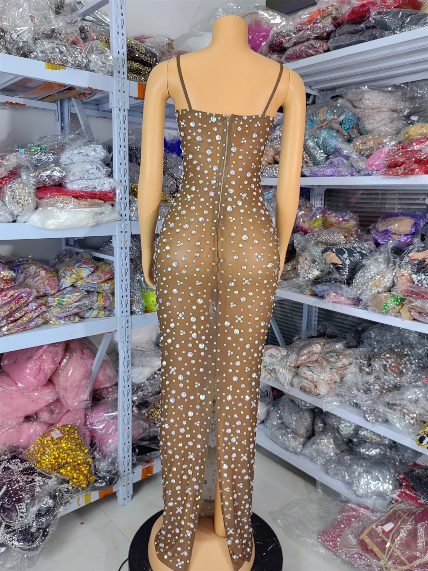 Femmes été luxe strass maille robe marron Spaghetti sangle paillettes occasion spéciale anniversaire soirée Club robes de fête