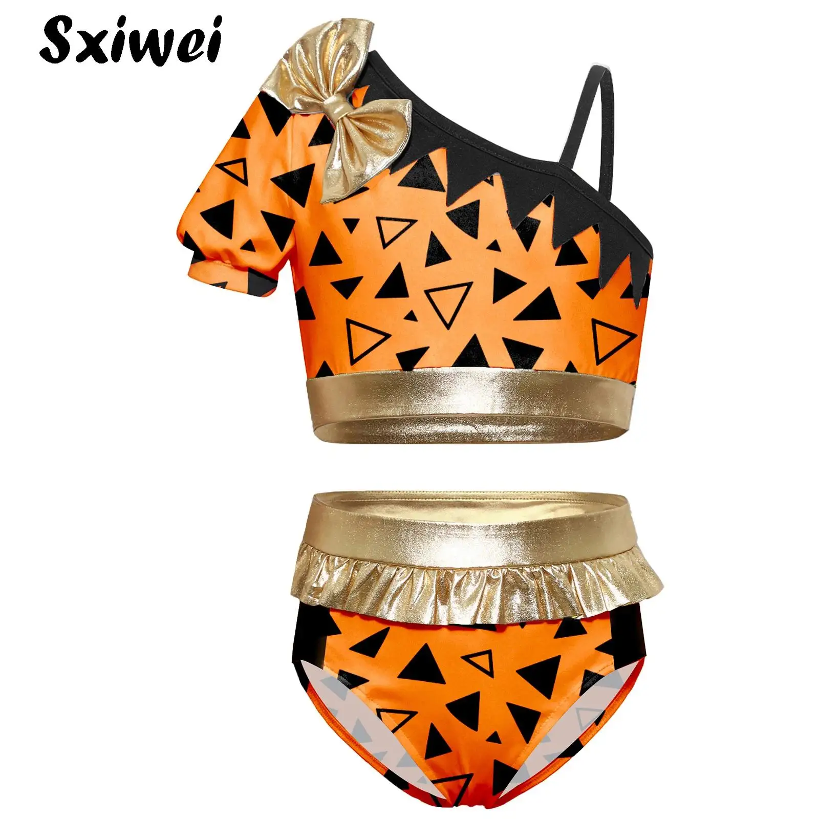 Cavegirl Stone Age Prehistoric Cave Print Costumes Kids Girls Leopard Print Metallic Gloss Crop Top with Briefs Performance set