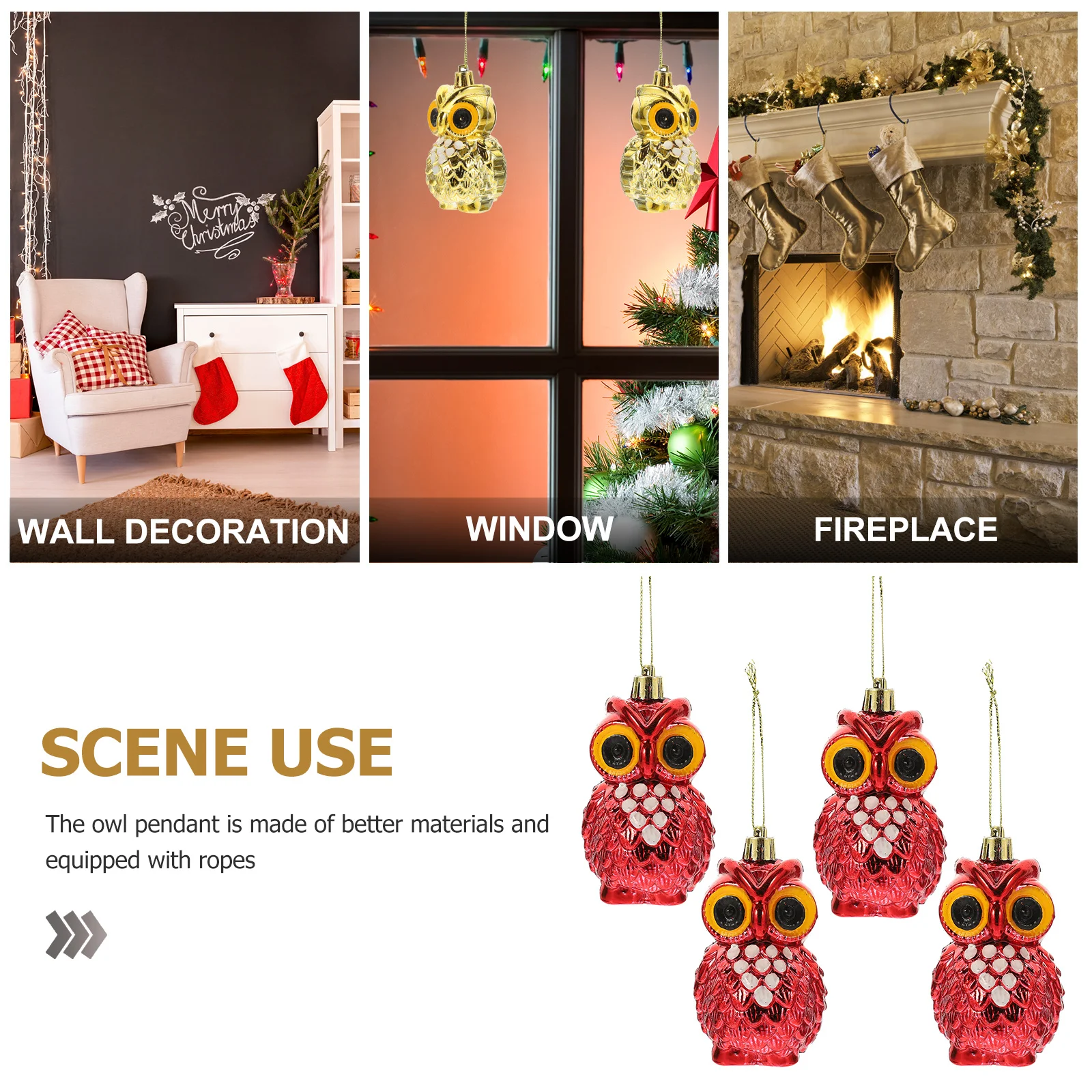 

4Pcs Christmas Tree Hanging Decors Owl Shaped Pendants Festive Holiday Ornament for Home Party Background Photo Prop