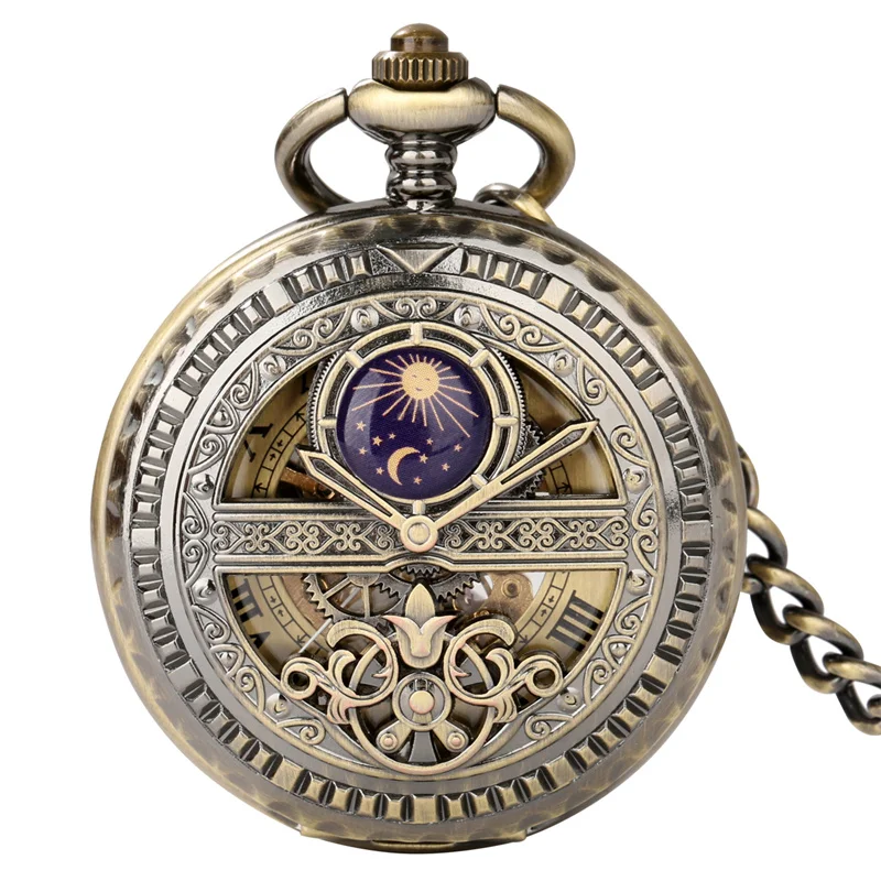 Classic Unisex Mechanical Hand Winding Pocket Watch Roman Number Skeleton Timepiece Fob Chain Collectable Clock