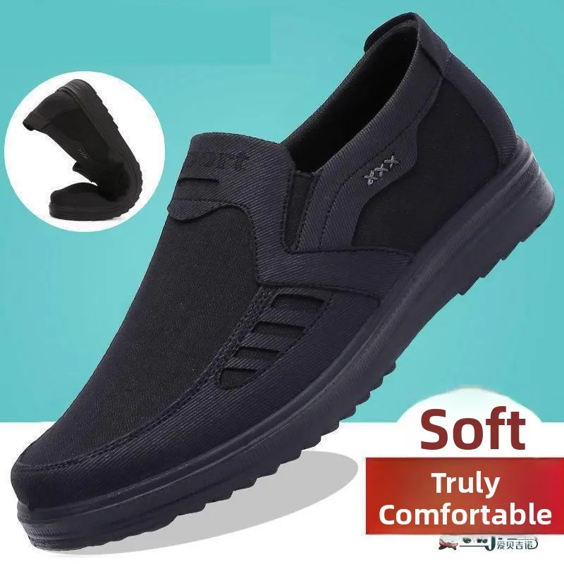 

Casual Breathable Men's Slip-On Work Shoes Soft Bottom Anti-Slip Spring Autumn Black Leather Shoes Comfortable Dad Shoes