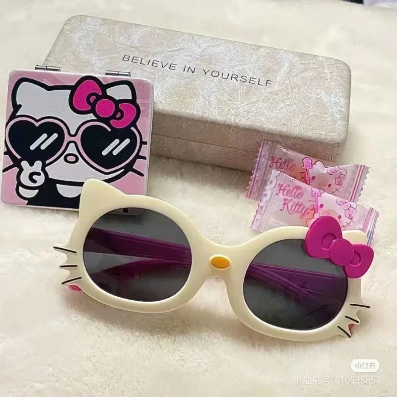 Sanurgente-Lunettes de soleil Hello Kitty pour enfants, accessoires de photographie de dessin animé, lunettes de soleil carillon chat KT, ornements Kawaii mignons, cadeaux de vacances