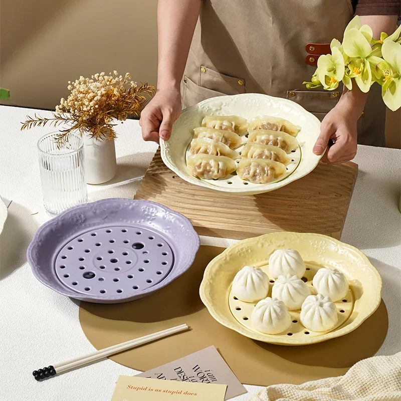 Ceramic Dumpling Plate Double Layer Drainage Tray Household Steamed Dumpling Steamed Bun Fruit Plate