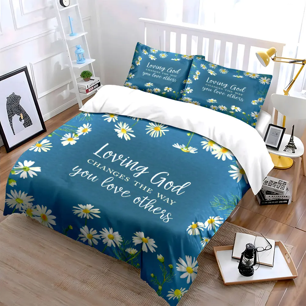 Christian Faith-Inspired Daisy Art Set for kids' and adults' bedroom decor, exquisite three-piece bedding set gift