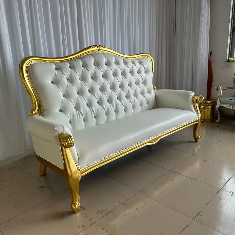 for European Style Villa Carved Three Person Sofa Exquisite Pattern Fabric Light Gold Wedding Solid Wood Sofa