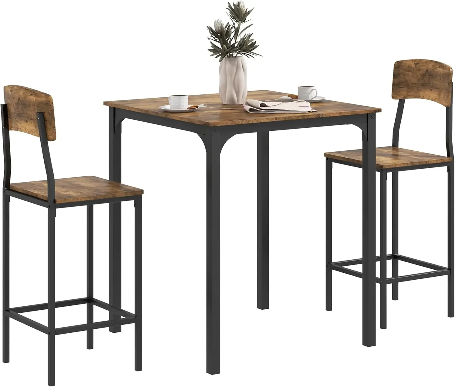 Industrial Small Dining Table Set for 2, Square Kitchen Table and Stools, Steel Frame, Rustic Brown and Black