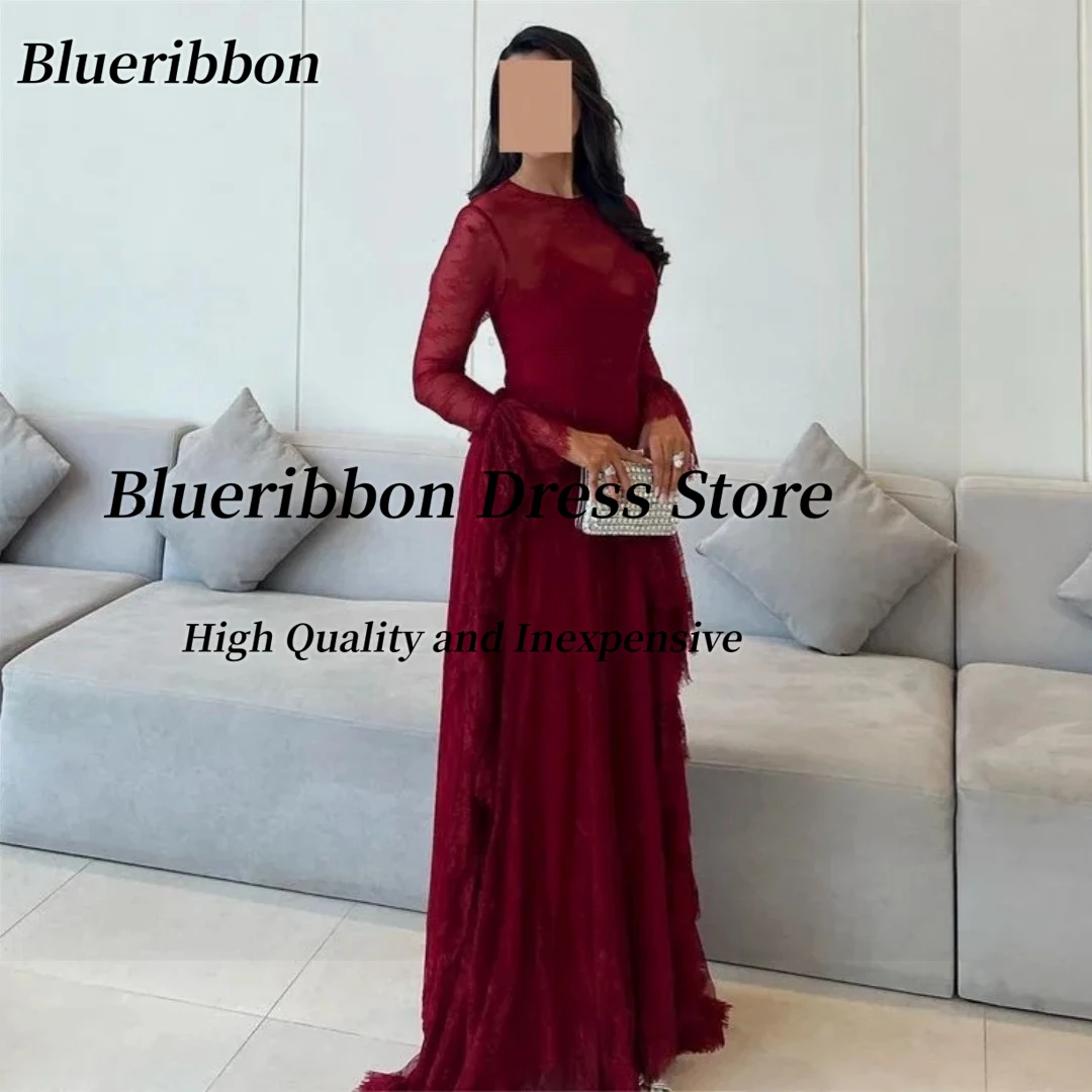 

Blueribbon Full Lace Dresses for Evening Banquet Crew Neck Long Sleeves Prom Dress Ruffles Floor Length Holiday Party Gowns