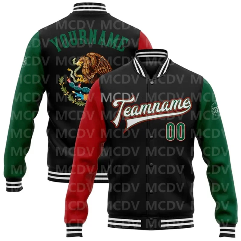 Custom Black Red-Kelly Green Mexico 3D Bomber Full-Snap Varsity Letterman Jacket  Baseball Button Jacket