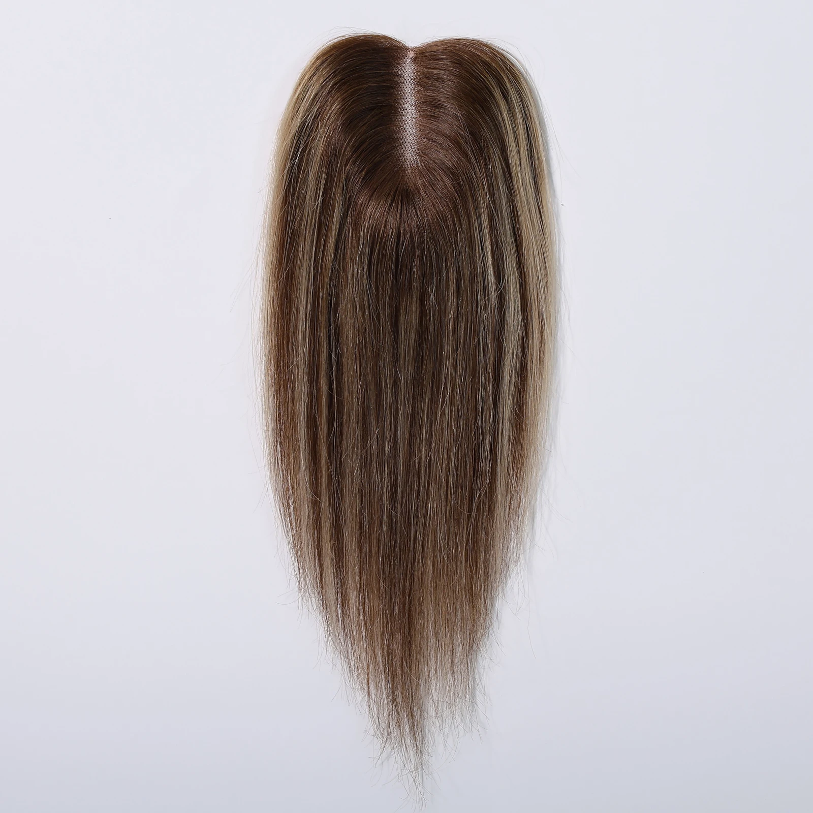 Dark Brown Blonde Highlight Remy Human Hair Topper Lace Base 3 Clips In Hairpieces for Women 12 Inches 100% Remy Human Hairpiece