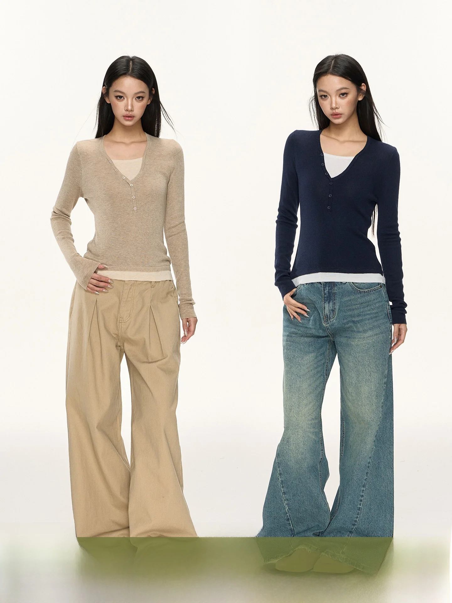 

Nova B Layered Sle Henry Collar round Button Slim Fit Color Blo Fake Two-Piece Top Casual Wear V-Ne Long Sve Knitwear