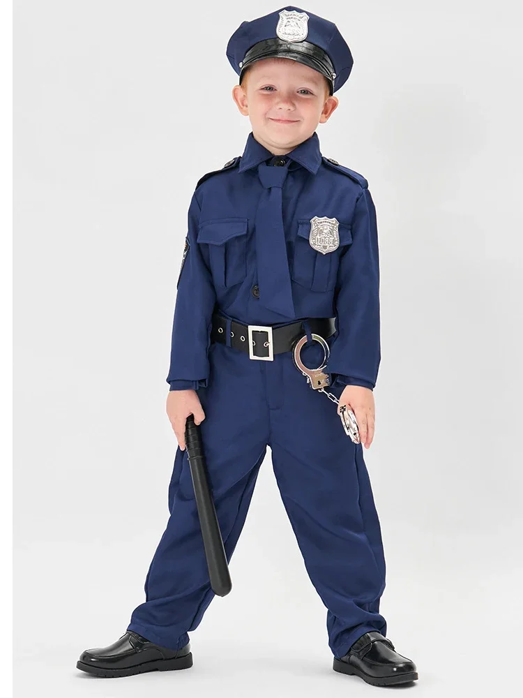 Umorden kids child police officer costume for boys cop policeman uniform full set halloween party role play fantasia cosplay