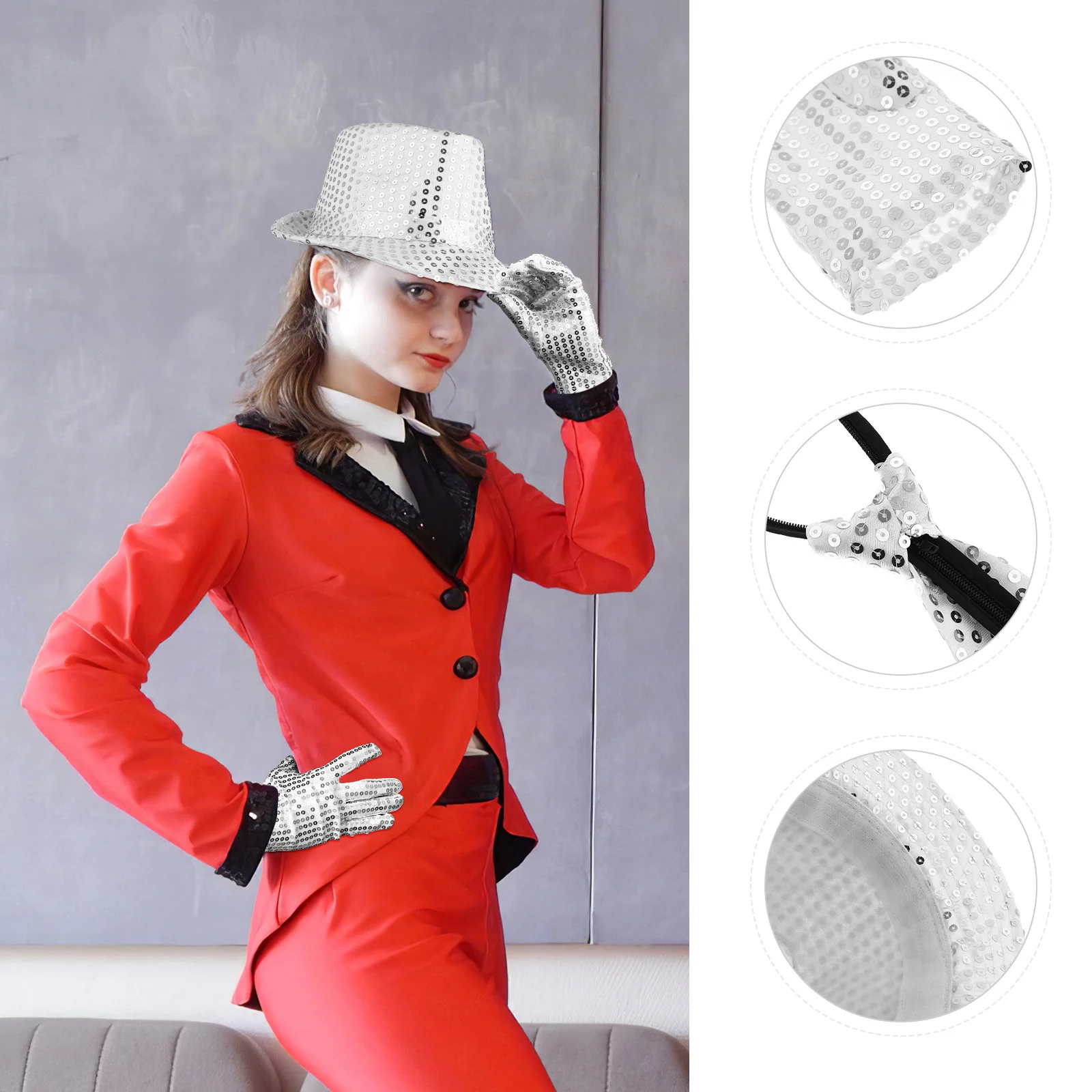 1Set Jazz Dance Costume Accessories Shiny Sequins Hat Gloves Necktie for Kids Adults Stage Performance Party Carnival Decorative