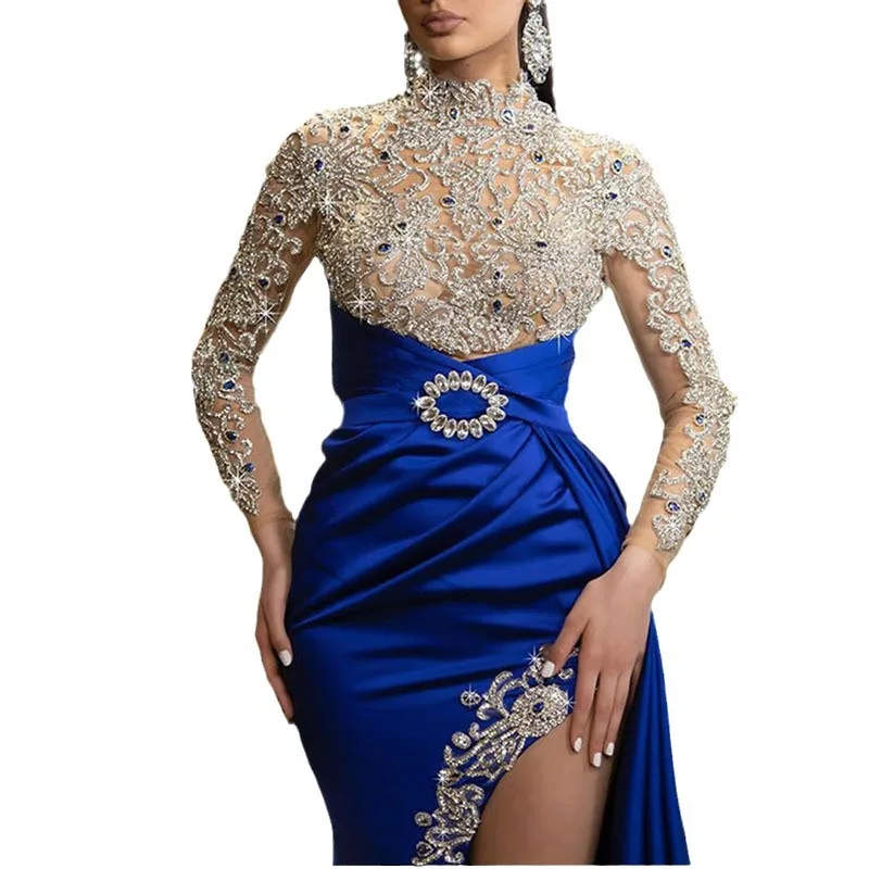 Spring and Summer New European and American Women's Clothing Blue Gold round Neck Dress Patchwork Evening Long Dress