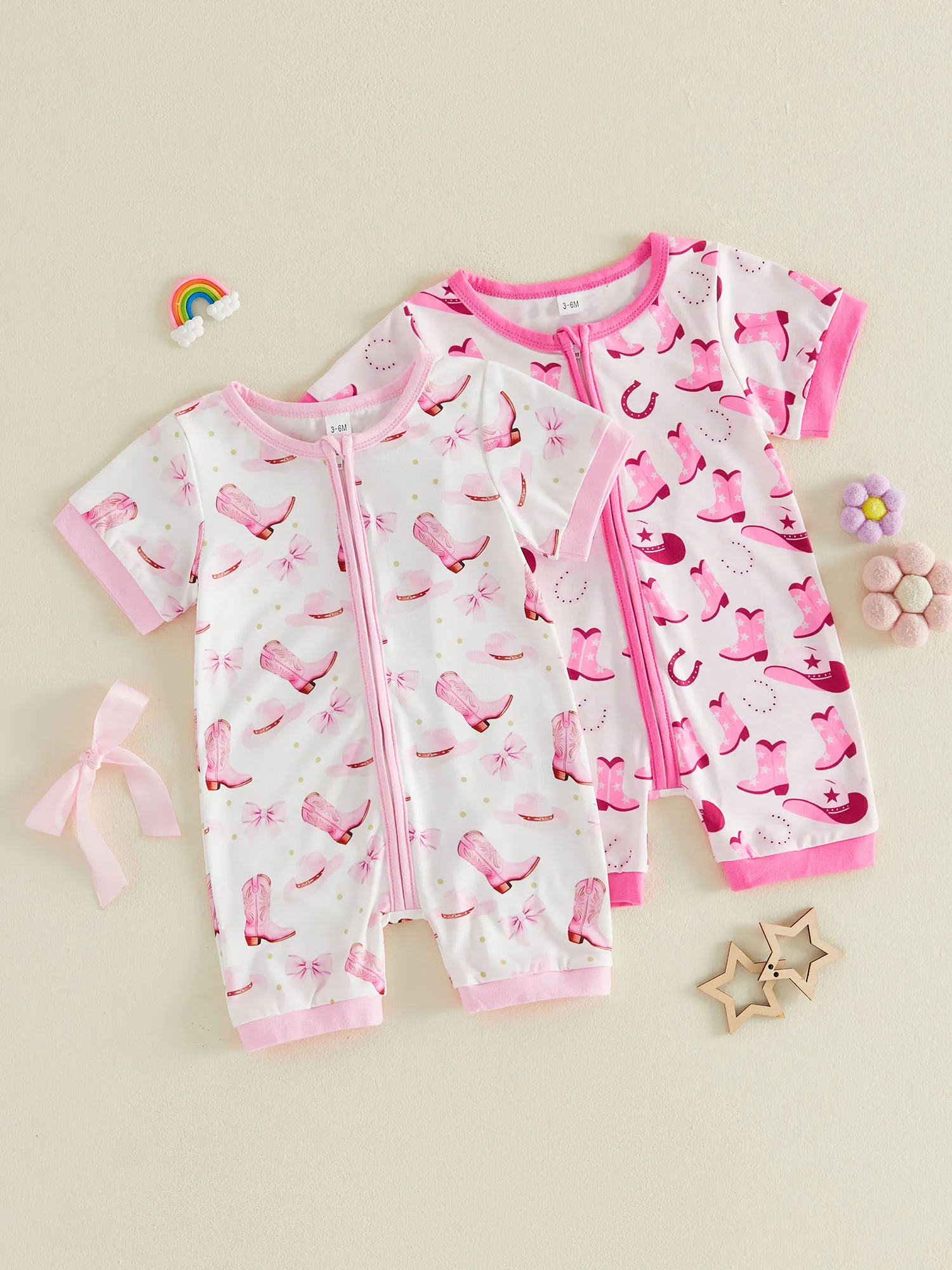 Adorable Toddler Cowgirl Romper with Western Style Short Sleeves Round Neck and Cute Boots Print - Infant  Pajamas