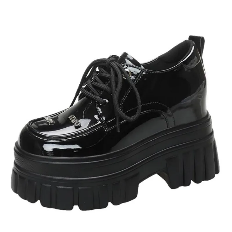 

Women Patent Leather Platform Sneakers 10CM Wedge Heels Ladies Spring Student Shoes Pumps Woman Lace-Up Thick Sole Casual Shoes