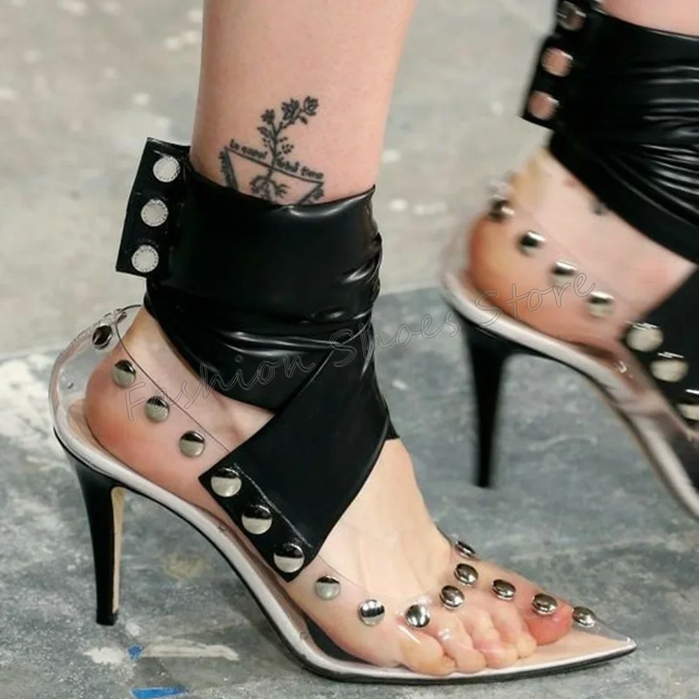 

Black Rivet Decor PVC Pumps Back Zipper Stilettos High Heels High Heel Shoes for Women Sexy Heels 2025 New Zapatos Para Mujere