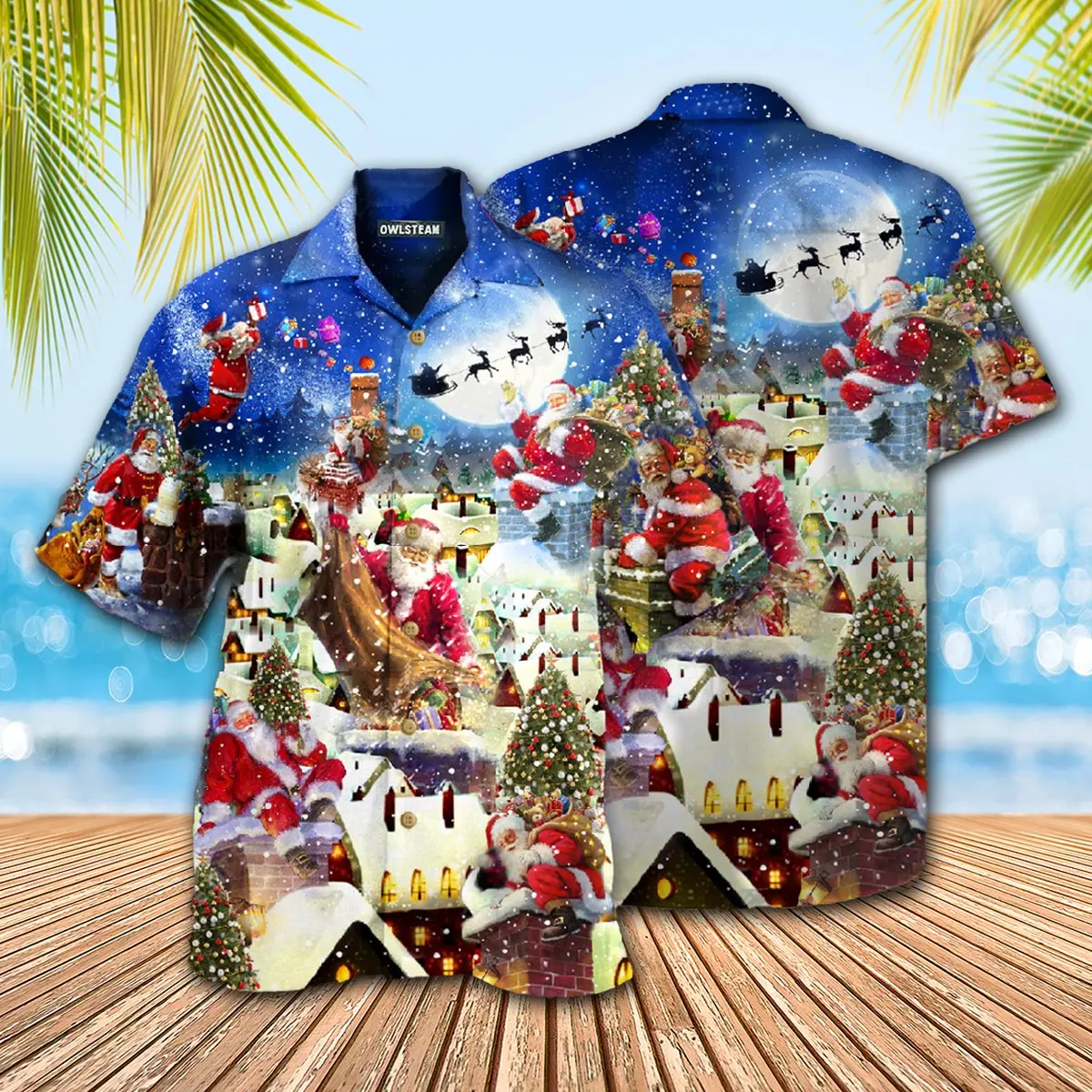 New Casual Men's Shirts Santa Claus Print Vintage Hawaiian Short Sleeve Oversize Shirts Summer Beach Wear