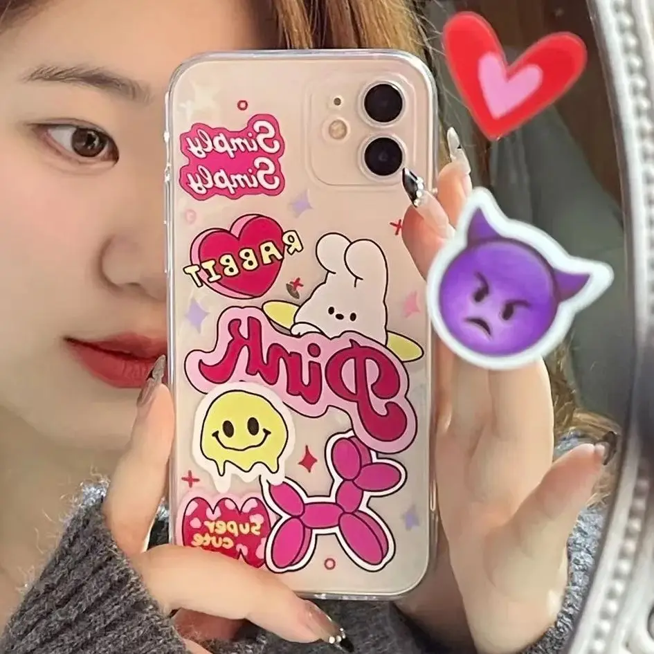 Trojan Pink Rabbit Simply Super Cute Phone Case For iPhone 15 14 13 12 11 Pro Max XR XS Max 7 8 Plus MINI Y2K Girl Gift Cover