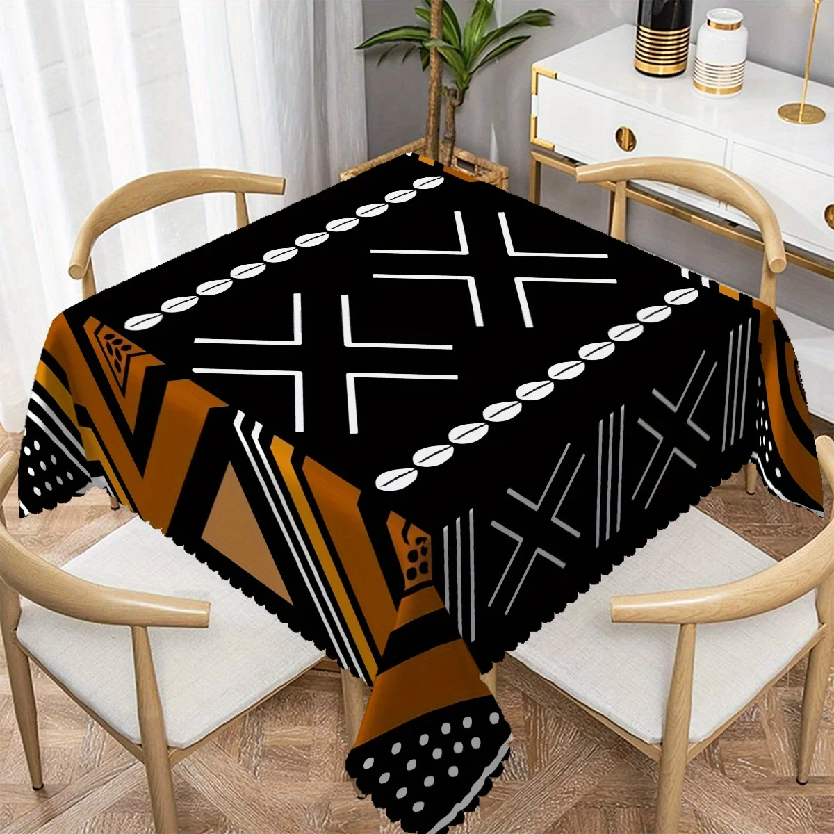 JIT, 1pc African tribal geometric pattern rectangular tablecloth, with fan-shaped edge polyester fiber.zyc