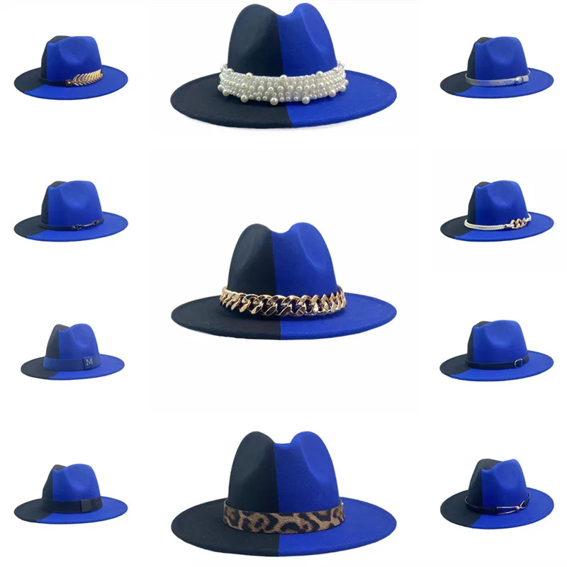 Trendy Fedoras Women Felt Hat Wide Brim Wool Hat Dress Panama Hat Two Tone Blue Black Patchwork Party Cap